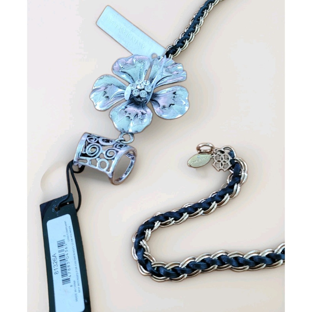 NWT Ann Taylor Statement Necklace Flower Pearl Leather Woven Chain Silver